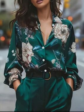 Luxe Satin Classic Floral Button-Up Down Shirt Top Blouse